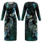 Aotearoa Maori Mahuru Couples Matching Long Sleeve Bodycon Dress and Long Sleeve Button Shirt Spring Time - Paua Shell Green