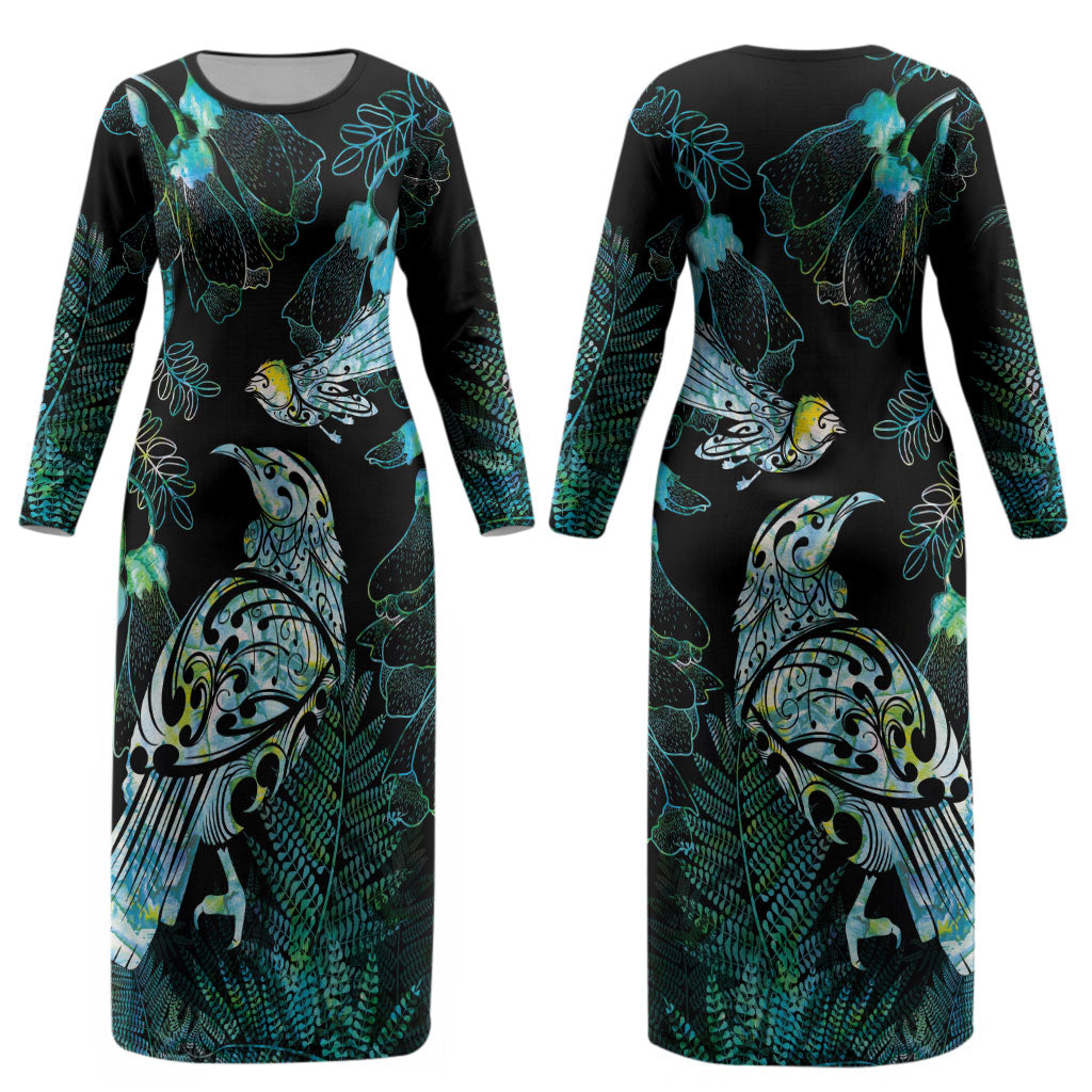 Aotearoa Maori Mahuru Couples Matching Long Sleeve Bodycon Dress and Long Sleeve Button Shirt Spring Time - Paua Shell Green