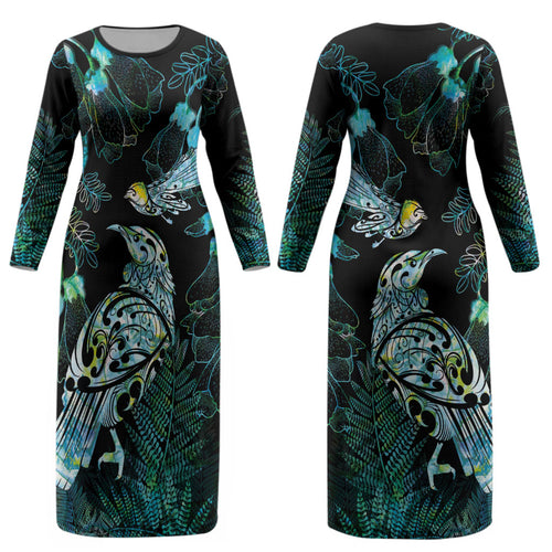 Aotearoa Maori Mahuru Couples Matching Long Sleeve Bodycon Dress and Long Sleeve Button Shirt Spring Time - Paua Shell Green
