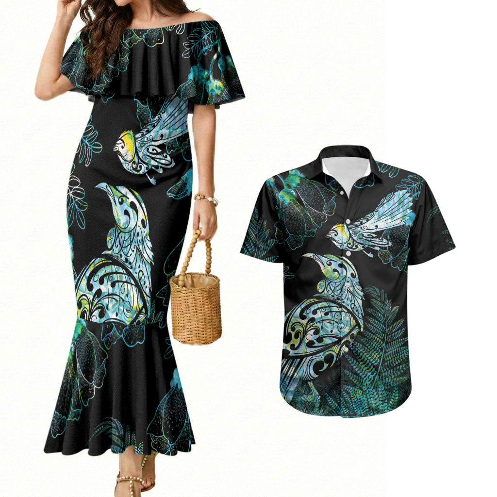 Aotearoa Maori Mahuru Couples Matching Mermaid Dress and Hawaiian Shirt Spring Time - Paua Shell Green