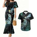 Aotearoa Maori Mahuru Couples Matching Mermaid Dress and Hawaiian Shirt Spring Time - Paua Shell Green