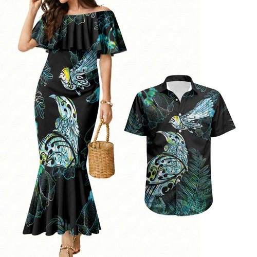 Aotearoa Maori Mahuru Couples Matching Mermaid Dress and Hawaiian Shirt Spring Time - Paua Shell Green
