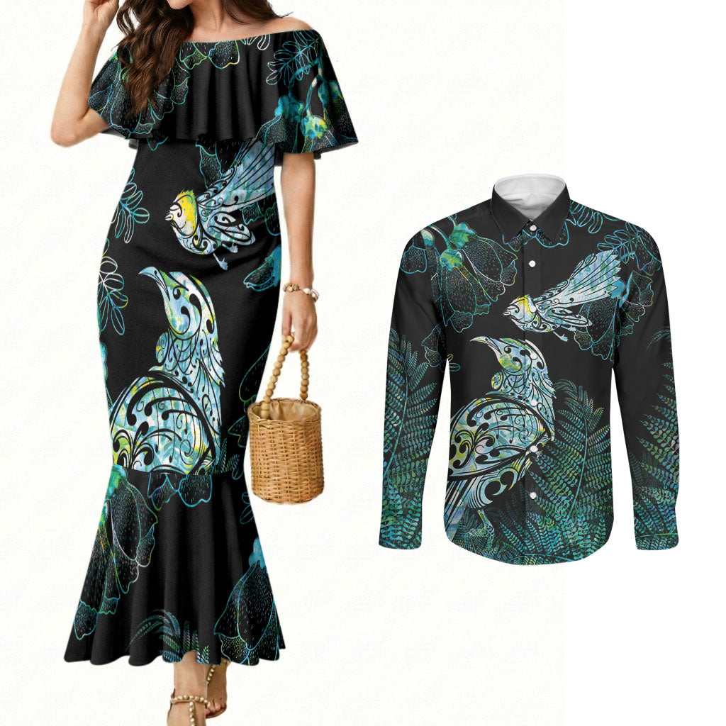 Aotearoa Maori Mahuru Couples Matching Mermaid Dress and Long Sleeve Button Shirt Spring Time - Paua Shell Green