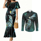 Aotearoa Maori Mahuru Couples Matching Mermaid Dress and Long Sleeve Button Shirt Spring Time - Paua Shell Green
