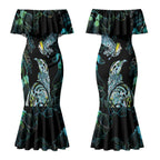 Aotearoa Maori Mahuru Couples Matching Mermaid Dress and Long Sleeve Button Shirt Spring Time - Paua Shell Green