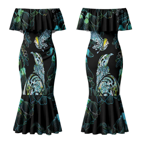 Aotearoa Maori Mahuru Couples Matching Mermaid Dress and Long Sleeve Button Shirt Spring Time - Paua Shell Green