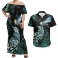Aotearoa Maori Mahuru Couples Matching Off Shoulder Maxi Dress and Hawaiian Shirt Spring Time - Paua Shell Green
