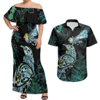 Aotearoa Maori Mahuru Couples Matching Off Shoulder Maxi Dress and Hawaiian Shirt Spring Time - Paua Shell Green