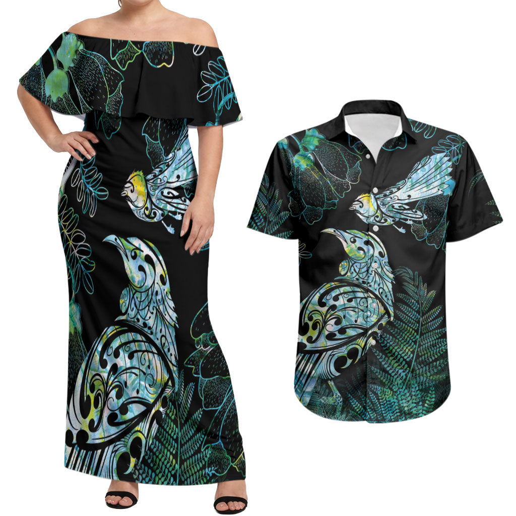 Aotearoa Maori Mahuru Couples Matching Off Shoulder Maxi Dress and Hawaiian Shirt Spring Time - Paua Shell Green