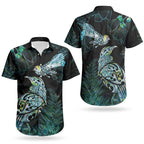 Aotearoa Maori Mahuru Couples Matching Off Shoulder Maxi Dress and Hawaiian Shirt Spring Time - Paua Shell Green