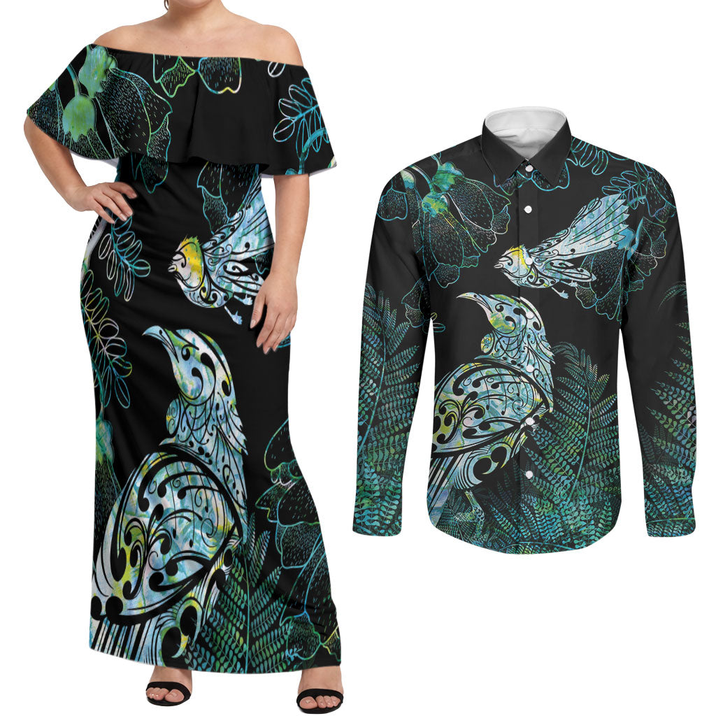 Aotearoa Maori Mahuru Couples Matching Off Shoulder Maxi Dress and Long Sleeve Button Shirt Spring Time - Paua Shell Green