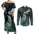 Aotearoa Maori Mahuru Couples Matching Off Shoulder Maxi Dress and Long Sleeve Button Shirt Spring Time - Paua Shell Green
