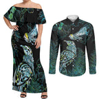 Aotearoa Maori Mahuru Couples Matching Off Shoulder Maxi Dress and Long Sleeve Button Shirt Spring Time - Paua Shell Green