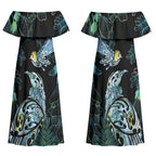Aotearoa Maori Mahuru Couples Matching Off Shoulder Maxi Dress and Long Sleeve Button Shirt Spring Time - Paua Shell Green