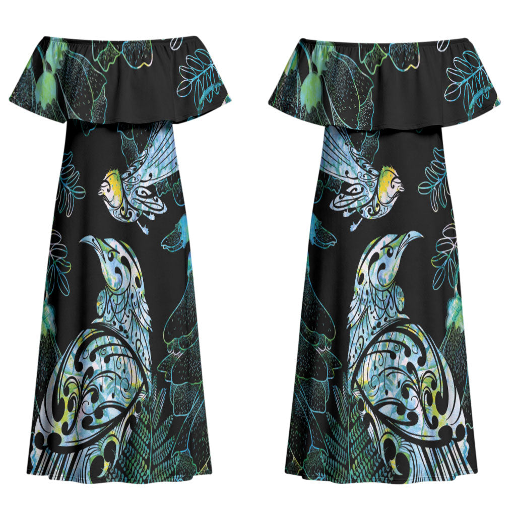 Aotearoa Maori Mahuru Couples Matching Off Shoulder Maxi Dress and Long Sleeve Button Shirt Spring Time - Paua Shell Green