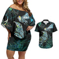 Aotearoa Maori Mahuru Couples Matching Off Shoulder Short Dress and Hawaiian Shirt Spring Time - Paua Shell Green