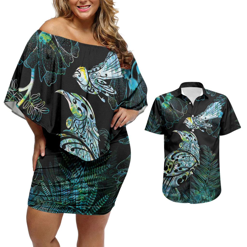 Aotearoa Maori Mahuru Couples Matching Off Shoulder Short Dress and Hawaiian Shirt Spring Time - Paua Shell Green