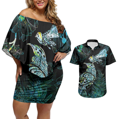 Aotearoa Maori Mahuru Couples Matching Off Shoulder Short Dress and Hawaiian Shirt Spring Time - Paua Shell Green