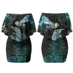 Aotearoa Maori Mahuru Couples Matching Off Shoulder Short Dress and Hawaiian Shirt Spring Time - Paua Shell Green