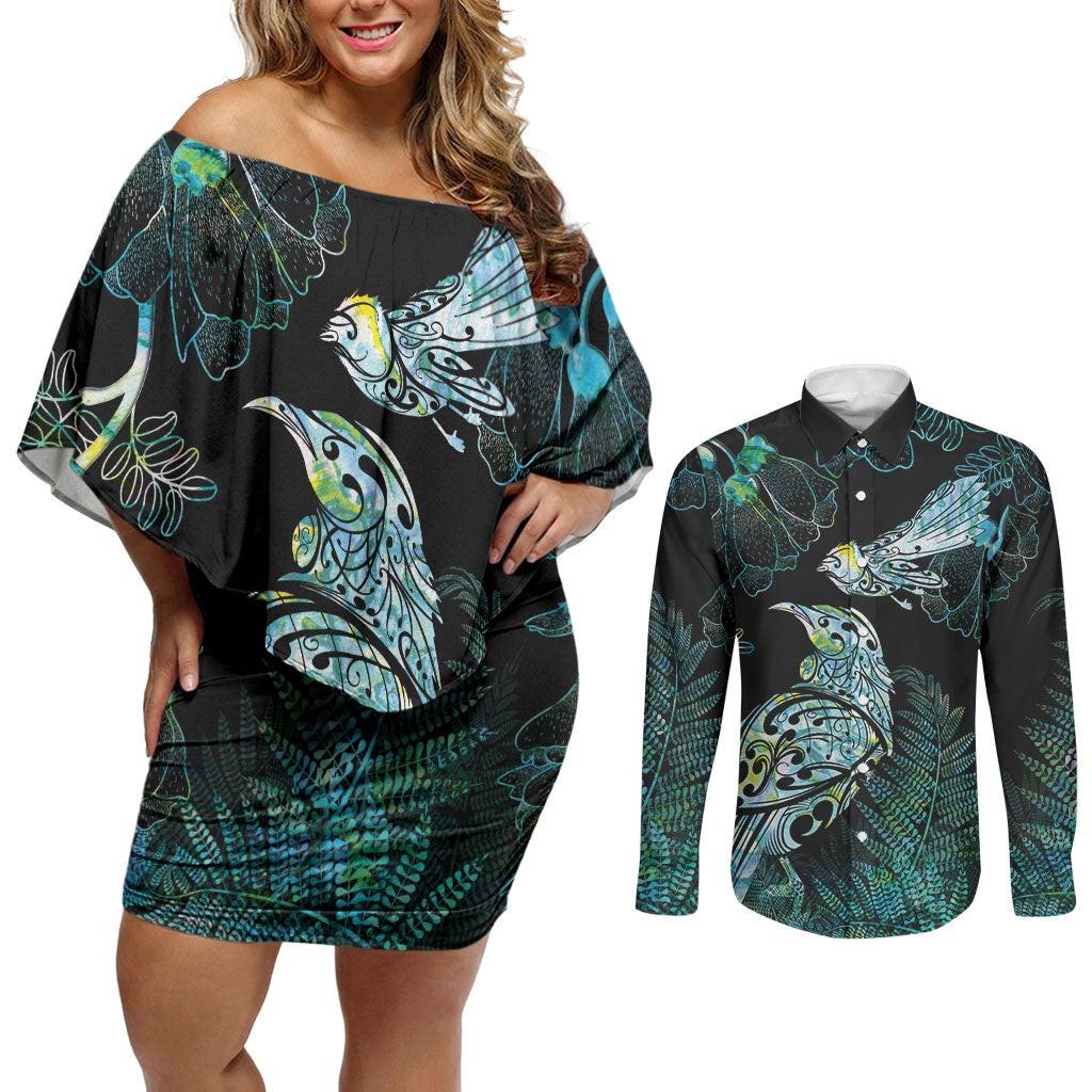 Aotearoa Maori Mahuru Couples Matching Off Shoulder Short Dress and Long Sleeve Button Shirt Spring Time - Paua Shell Green
