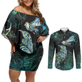 Aotearoa Maori Mahuru Couples Matching Off Shoulder Short Dress and Long Sleeve Button Shirt Spring Time - Paua Shell Green