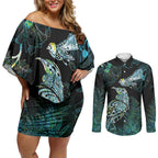 Aotearoa Maori Mahuru Couples Matching Off Shoulder Short Dress and Long Sleeve Button Shirt Spring Time - Paua Shell Green