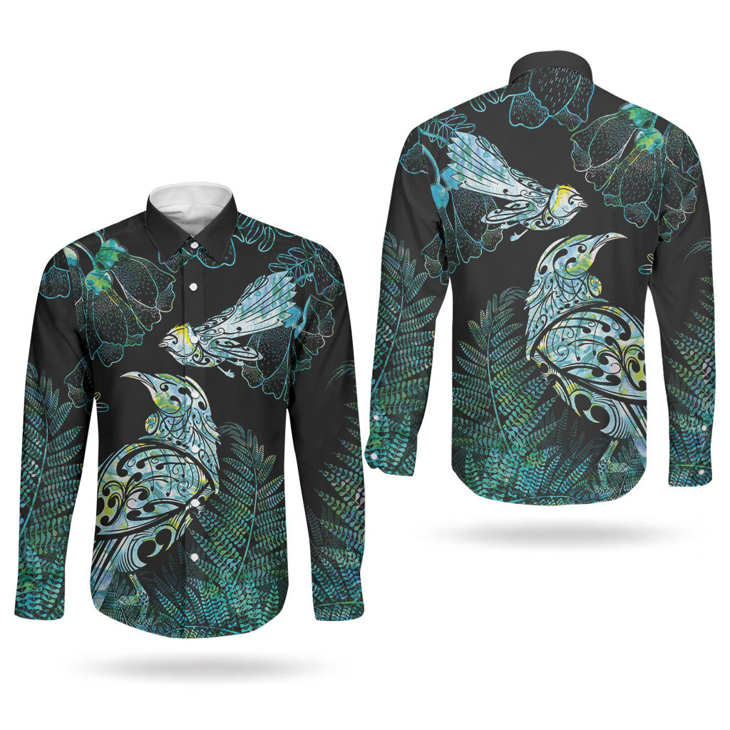 Aotearoa Maori Mahuru Couples Matching Off Shoulder Short Dress and Long Sleeve Button Shirt Spring Time - Paua Shell Green