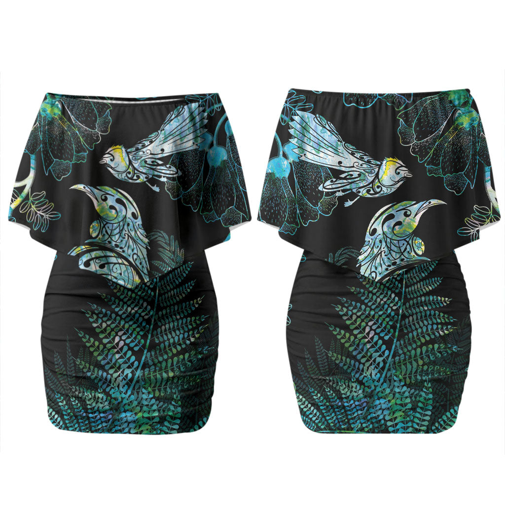 Aotearoa Maori Mahuru Couples Matching Off Shoulder Short Dress and Long Sleeve Button Shirt Spring Time - Paua Shell Green