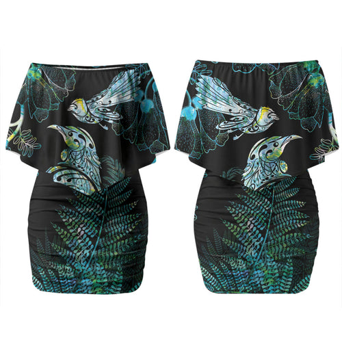 Aotearoa Maori Mahuru Couples Matching Off Shoulder Short Dress and Long Sleeve Button Shirt Spring Time - Paua Shell Green