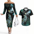 Aotearoa Maori Mahuru Couples Matching Off The Shoulder Long Sleeve Dress and Hawaiian Shirt Spring Time - Paua Shell Green