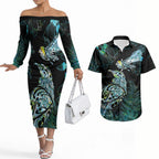 Aotearoa Maori Mahuru Couples Matching Off The Shoulder Long Sleeve Dress and Hawaiian Shirt Spring Time - Paua Shell Green