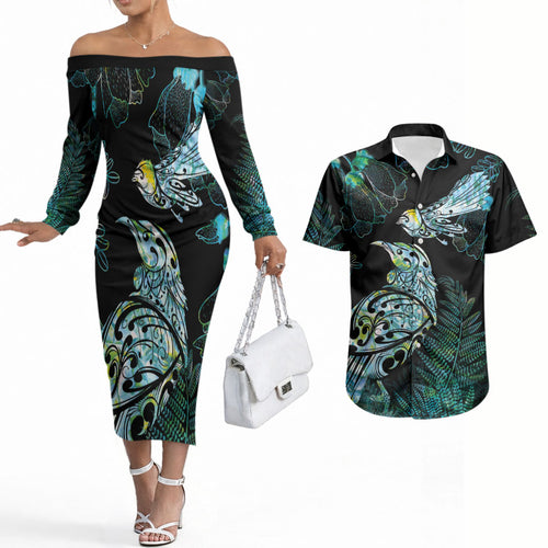 Aotearoa Maori Mahuru Couples Matching Off The Shoulder Long Sleeve Dress and Hawaiian Shirt Spring Time - Paua Shell Green