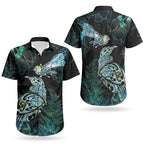 Aotearoa Maori Mahuru Couples Matching Off The Shoulder Long Sleeve Dress and Hawaiian Shirt Spring Time - Paua Shell Green