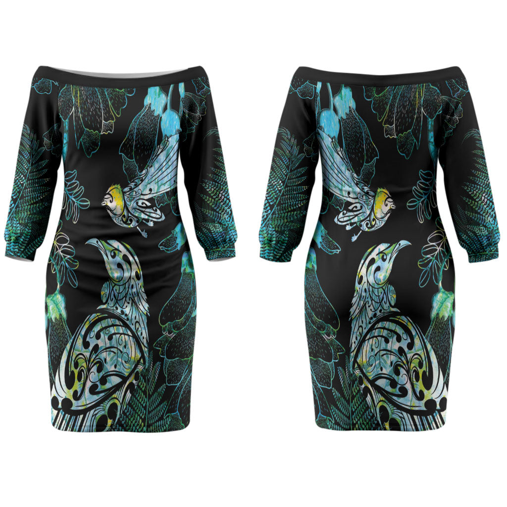 Aotearoa Maori Mahuru Couples Matching Off The Shoulder Long Sleeve Dress and Hawaiian Shirt Spring Time - Paua Shell Green