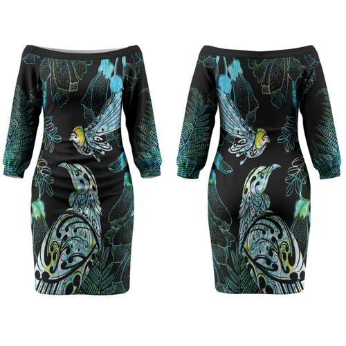Aotearoa Maori Mahuru Couples Matching Off The Shoulder Long Sleeve Dress and Hawaiian Shirt Spring Time - Paua Shell Green