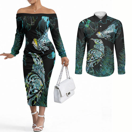 Aotearoa Maori Mahuru Couples Matching Off The Shoulder Long Sleeve Dress and Long Sleeve Button Shirt Spring Time - Paua Shell Green