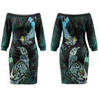 Aotearoa Maori Mahuru Couples Matching Off The Shoulder Long Sleeve Dress and Long Sleeve Button Shirt Spring Time - Paua Shell Green