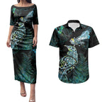 Aotearoa Maori Mahuru Couples Matching Puletasi and Hawaiian Shirt Spring Time - Paua Shell Green