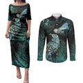 Aotearoa Maori Mahuru Couples Matching Puletasi and Long Sleeve Button Shirt Spring Time - Paua Shell Green