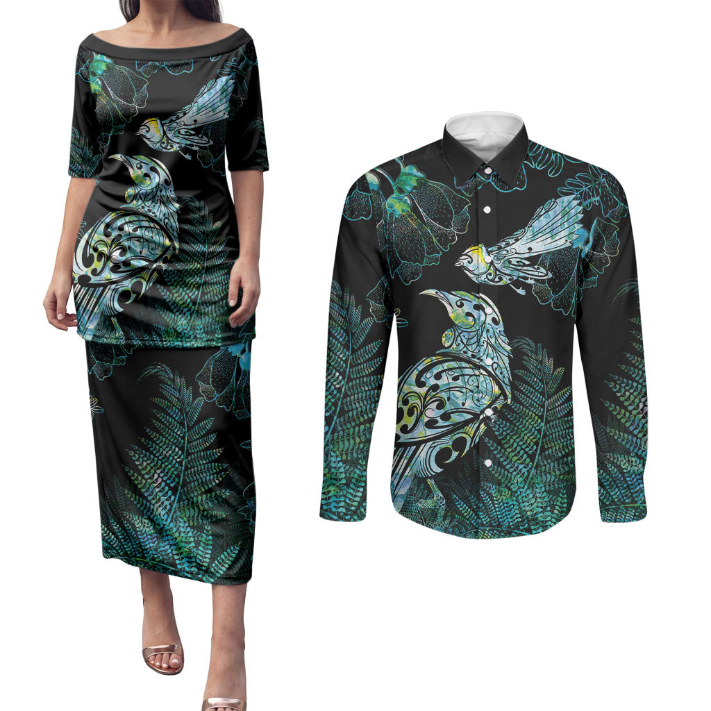 Aotearoa Maori Mahuru Couples Matching Puletasi and Long Sleeve Button Shirt Spring Time - Paua Shell Green