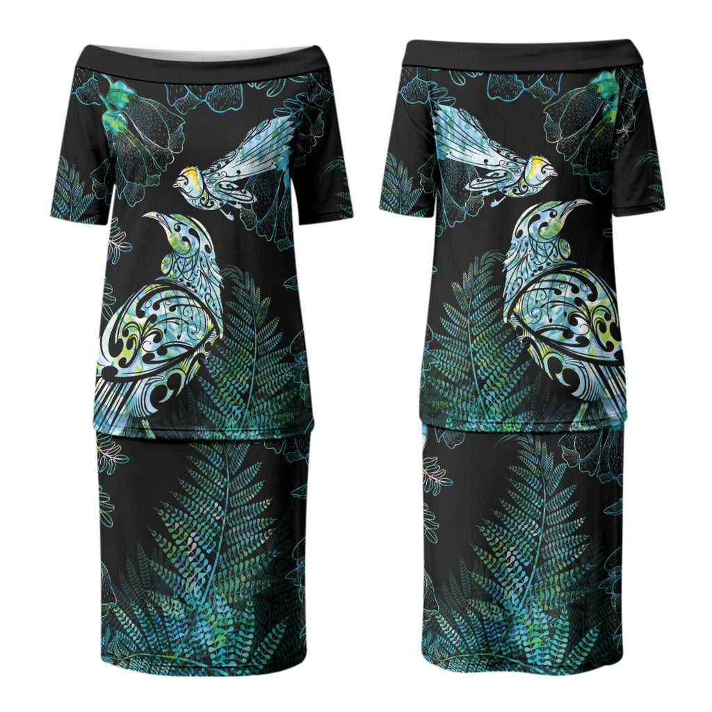 Aotearoa Maori Mahuru Couples Matching Puletasi and Long Sleeve Button Shirt Spring Time - Paua Shell Green