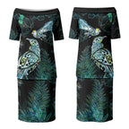 Aotearoa Maori Mahuru Couples Matching Puletasi and Long Sleeve Button Shirt Spring Time - Paua Shell Green