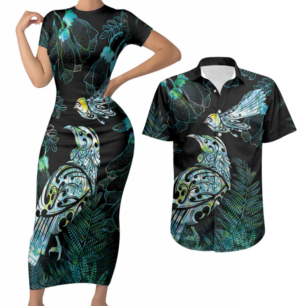 Aotearoa Maori Mahuru Couples Matching Short Sleeve Bodycon Dress and Hawaiian Shirt Spring Time - Paua Shell Green