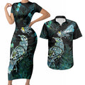 Aotearoa Maori Mahuru Couples Matching Short Sleeve Bodycon Dress and Hawaiian Shirt Spring Time - Paua Shell Green