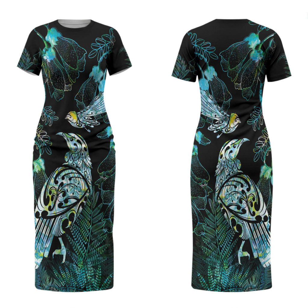 Aotearoa Maori Mahuru Couples Matching Short Sleeve Bodycon Dress and Hawaiian Shirt Spring Time - Paua Shell Green