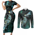 Aotearoa Maori Mahuru Couples Matching Short Sleeve Bodycon Dress and Long Sleeve Button Shirt Spring Time - Paua Shell Green