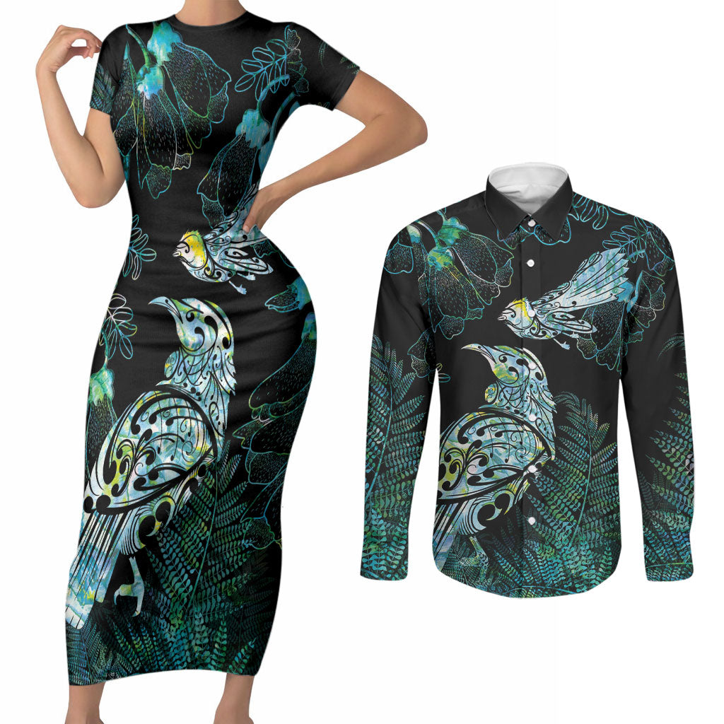 Aotearoa Maori Mahuru Couples Matching Short Sleeve Bodycon Dress and Long Sleeve Button Shirt Spring Time - Paua Shell Green