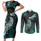 Aotearoa Maori Mahuru Couples Matching Short Sleeve Bodycon Dress and Long Sleeve Button Shirt Spring Time - Paua Shell Green