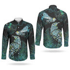 Aotearoa Maori Mahuru Couples Matching Short Sleeve Bodycon Dress and Long Sleeve Button Shirt Spring Time - Paua Shell Green