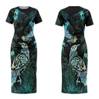 Aotearoa Maori Mahuru Couples Matching Short Sleeve Bodycon Dress and Long Sleeve Button Shirt Spring Time - Paua Shell Green